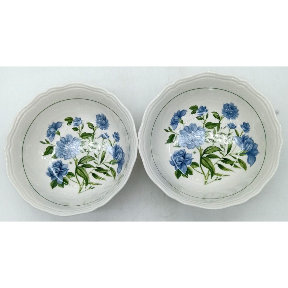 Elderose by Envogue Blue Floral Salad Bowls 7in Porcelain Set of 2 Scalloped New